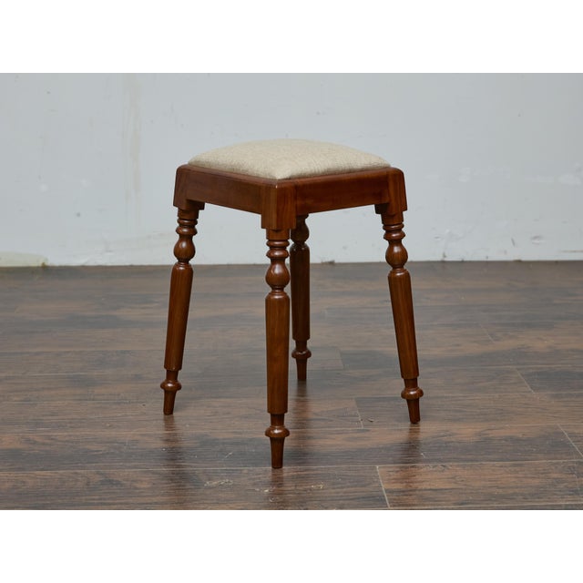 Wood 19th Century English Mahogany Stool with Turned Legs and Upholstered Seat For Sale - Image 7 of 12
