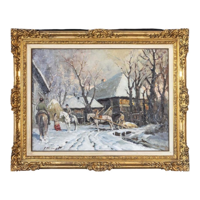 Mid 20th Century Landscape with Figures and Horses Oil Painting For Sale