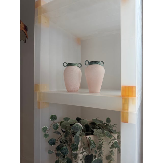Pair of Scavo Murano-Style Glass Vessels Bud Vases Pink Verdigris Metal Handles For Sale - Image 16 of 18