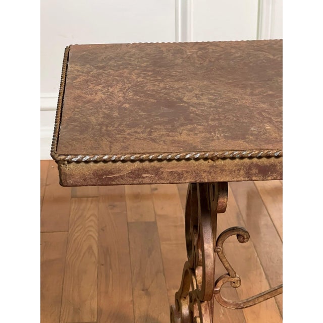 Regency Scroll Iron Bench, Coffee Table, Faux Leather Trompe-l'Oeil Top, 1960s For Sale - Image 9 of 13