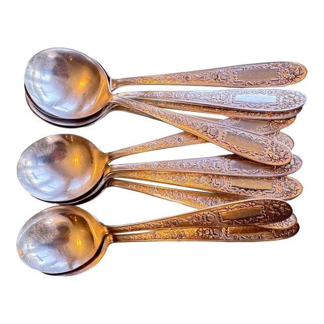 1930s Art Deco Bowl Soup Spoons (Gumbo) Mildred Silverplate, C1936 by National Silver Co 12 Pc Pruistine For Sale