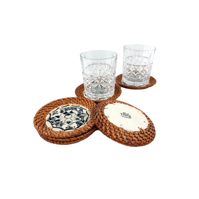 A beautiful set of six coasters handmade in Bat Trang, Vietnam. Each coaster features a glazed ceramic center decorated in...