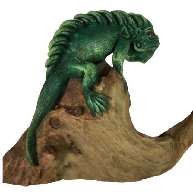 Safari Green Iguana Lizard Sculpture Wood Hand Sculpted Reptile Home Decor Collectible For Sale - Image 3 of 18