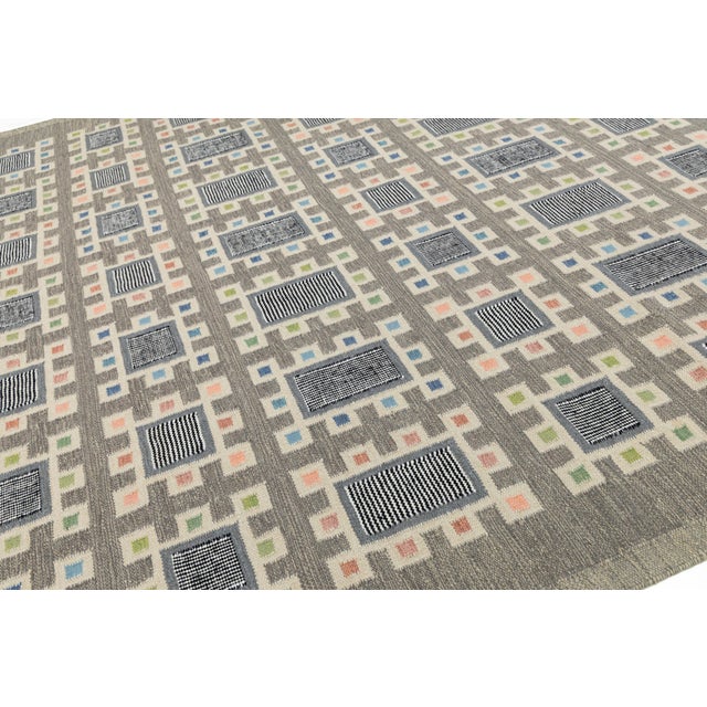 10x10 Modern Scandinavian Swedish Style Wool Rug in Charcoal, Sage, and Pastels For Sale - Image 9 of 11