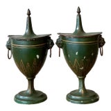 Vintage Boho Patinated French Tole Urns - A Pair For Sale