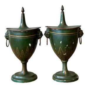 Vintage Boho Patinated French Tole Urns - A Pair