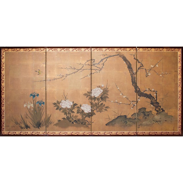 "Plum Blossom, Peony, Iris", 1970s Showa Era Japanese Painted Byobu Screen For Sale - Image 18 of 18