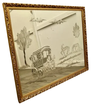 Folk Art Engraved Mirror with Horse Drawn Romany Caravan, 1960s