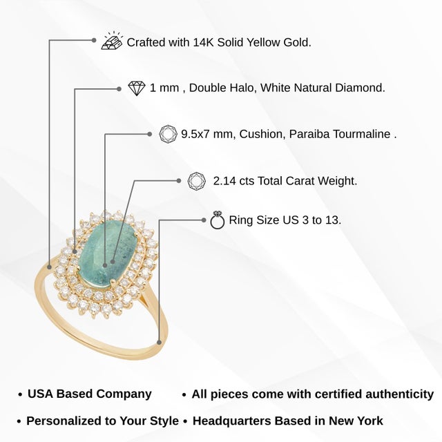 2.14Carats Natural Paraiba Tourmaline Cushion Cut Diamond Halo 14k Gold Ring Size 5.5 For Sale - Image 13 of 18