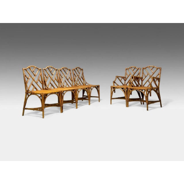 Dal Vera, Mid-Century Modern, Bamboo, Cane, Six Dining Chairs, Italy, 1950s Set of six bamboo and cane dining chairs...