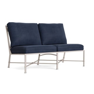 Brown Jordan Venetian Armless Loveseat, Dove frame with Fusion Neptune fabric For Sale