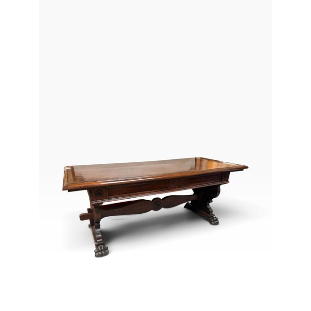Antique Italian Carved Walnut Trestle Library Dining or Writing Table - Paw Feet For Sale - Image 14 of 15