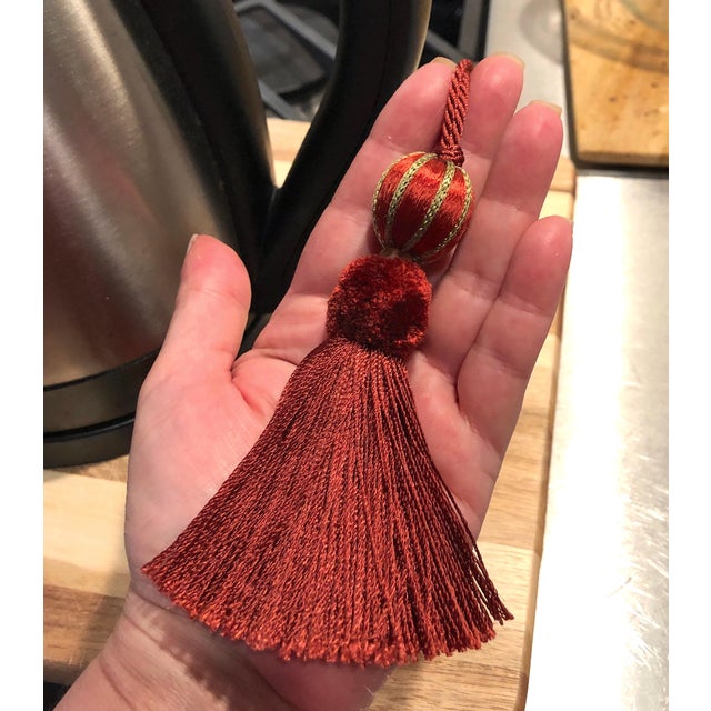 Beaded Key Tassel in Terracotta Red and Gold Satin With Cut Velvet Detail For Sale - Image 13 of 16