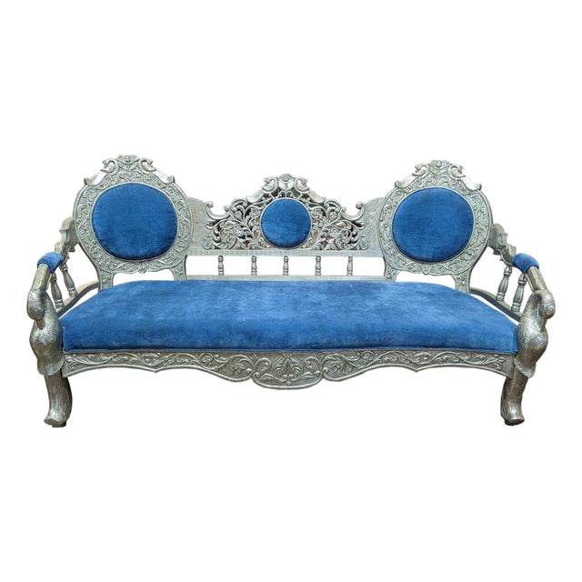 1970s Indian Ornate Silver Metal Clad Blue Velvet Maharaja Bench For Sale