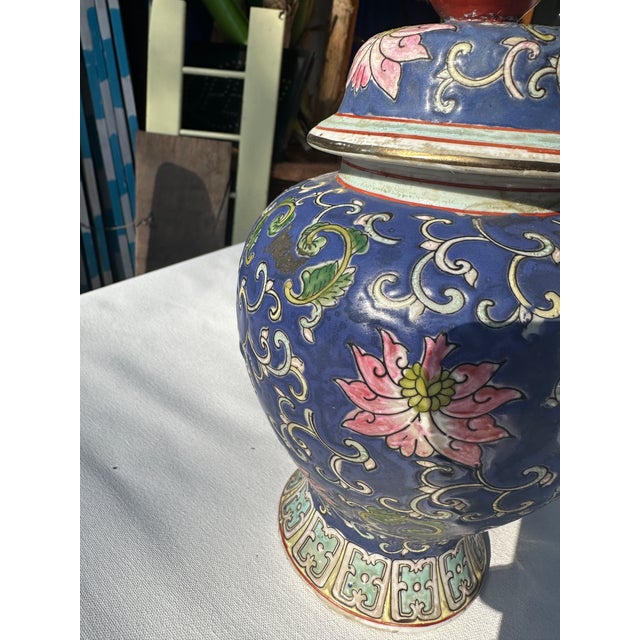 Up for consideration is a beautiful vintage Asian inspired blue floral ceramic jar. This would look lovely on display in...