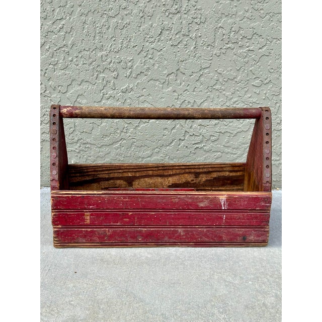 Farmhouse Antique Early 20th Century Red Rustic Farmhouse Wooden Tool Caddy For Sale - Image 3 of 11