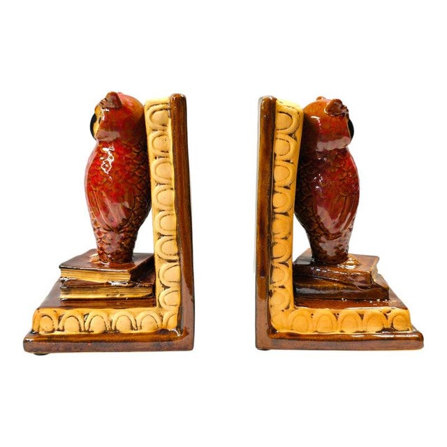 1970s Vintage Ceramic Great Horned Owl Bookends – Red Glaze Sculptural Pair For Sale - Image 5 of 15