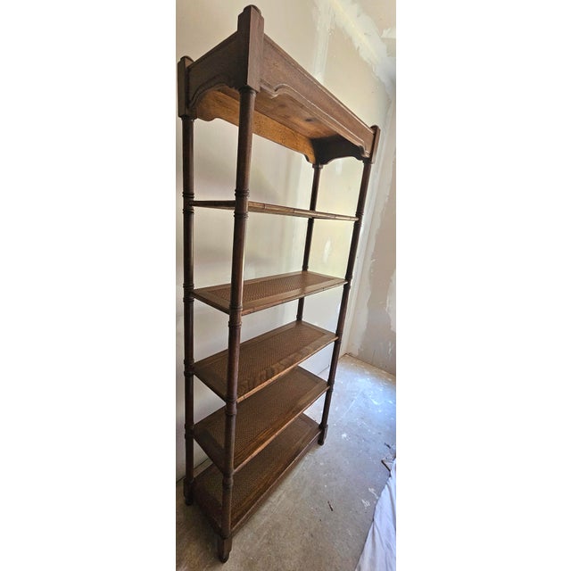 Mid-Century Modern Mid-Century British Colonial Faux Bambo, Walnut and Woven Reed Estage or Bookcase For Sale - Image 3 of 11