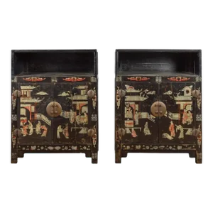 Chinese Qing Dynasty Black Lacquer Cabinets with Hand Painted Motifs - A Pair
