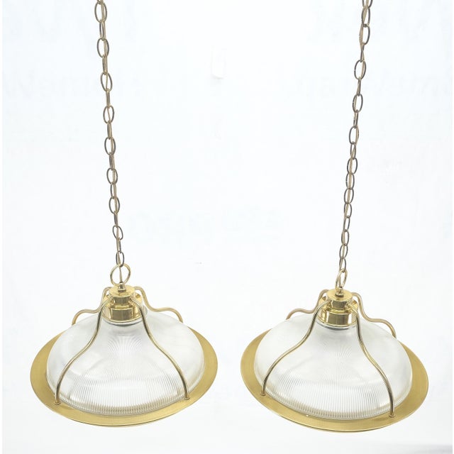 White Pair of Round Brass Ribbed Glass Long Chain Light Fixture Pendants MCM For Sale - Image 8 of 12