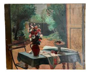 Georges Darel, Umbrella, Bouquet and Bowl of Fruit, Oil on Canvas, 1920s