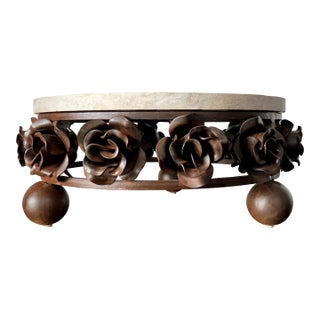 Late 20th-Century Hand-Forged Iron Rose & Travertine Circular Dessert Stand in the Manner of Jan Barboglio For Sale