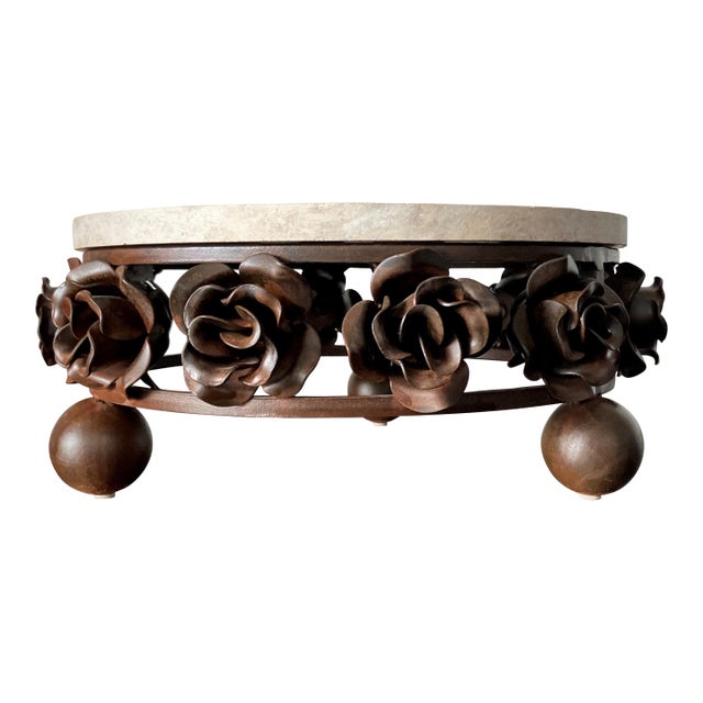 Late 20th-Century Hand-Forged Iron Rose & Travertine Circular Dessert Stand in the Manner of Jan Barboglio For Sale