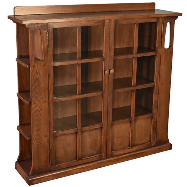 Crafters and Weavers Mission Double Door Bookcase With Side Shelves in Walnut For Sale - Image 4 of 7