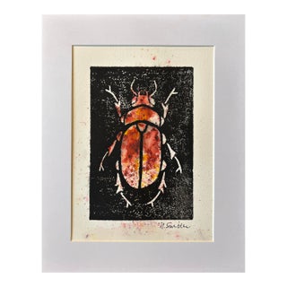 Original Hand-Carved Linocut Beetle With Watercolor - Ember Variant For Sale