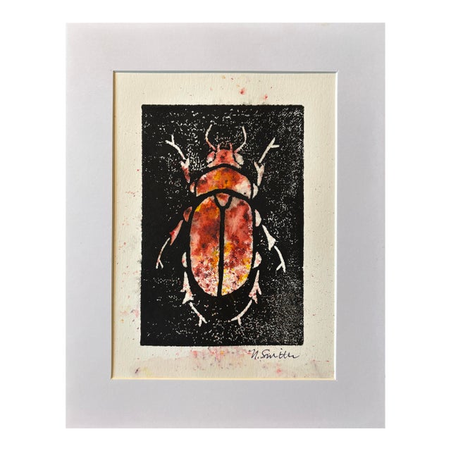 Original Hand-Carved Linocut Beetle With Watercolor - Ember Variant For Sale