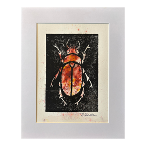 Original Hand-Carved Linocut Beetle With Watercolor - Ember Variant