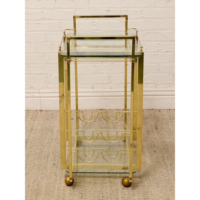 Vintage Hollywood Regency Brass Bar Cart With Glass Shelves For Sale - Image 10 of 11