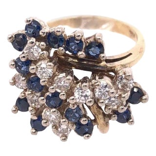 14 Karat Yellow Gold Ring With Sapphire and Diamond Cluster For Sale