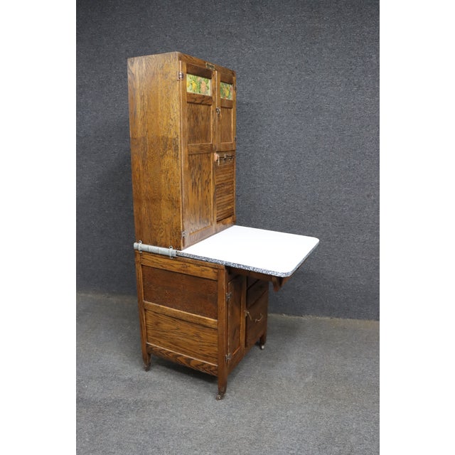 Rare Salesman Sample Style Hoosier Cabinet in Oak With Enamel Work Surface For Sale - Image 13 of 15
