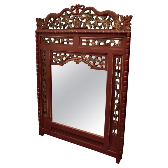 Red 19th Century Oriental Painted Red Lacquer Mirror, 1880s For Sale - Image 8 of 8