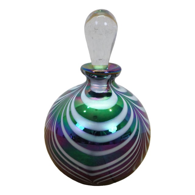 Vintage Iridescent Art Glass Pulled Feather Perfume Bottle & Applicator 5" For Sale
