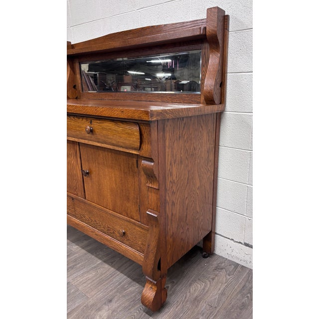 Wood Antique Stout Furniture Co Tiger Oak Server Sideboard Buffet With Mirror For Sale - Image 7 of 13