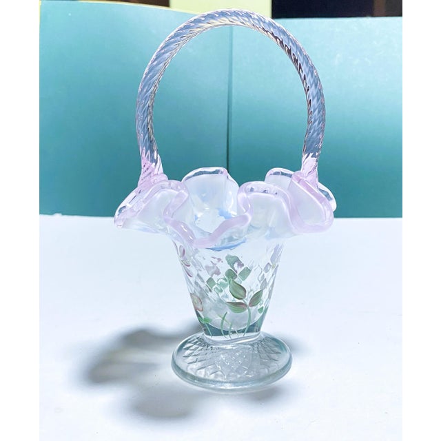 1980s Signed Hand Painted Fenton Art Glass Basket, Pink Opalescent Ruffled Edge, Signed S. Massey For Sale - Image 5 of 16