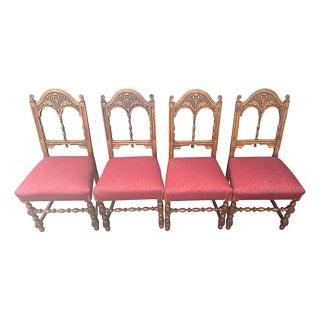 Elegant Antique Spanish Revival Carved Oak Dining Chairs With New Burgundy Seat Upholstery - Set of 4 - Circa 1920s For Sale