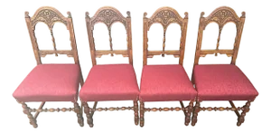 Elegant Antique Spanish Revival Carved Oak Dining Chairs With New Burgundy Seat Upholstery - Set of 4 - Circa 1920s