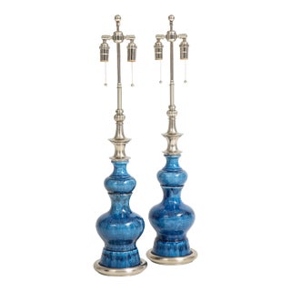 Stiffel Blue Crackle Glazed Lamps - a Pair For Sale