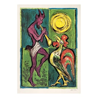 Albert Birkle, Faun with Rooster, 1980s, Screenprint and Offset Print on Paper For Sale