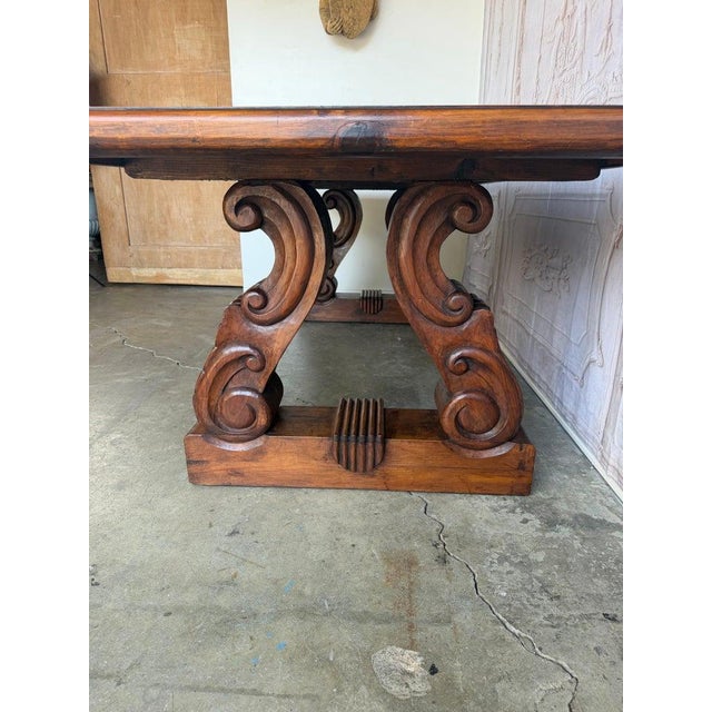 Brown Spanish Colonial Revival Walnut Dining Table With Hand-Carved Scroll For Sale - Image 8 of 17