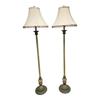 Pair of Late 20th Century Continental Green and Parcel Gilt Decorated Floor Lamps For Sale