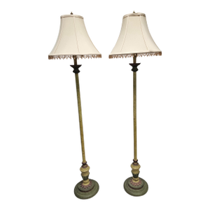 Pair of Late 20th Century Continental Green and Parcel Gilt Decorated Floor Lamps