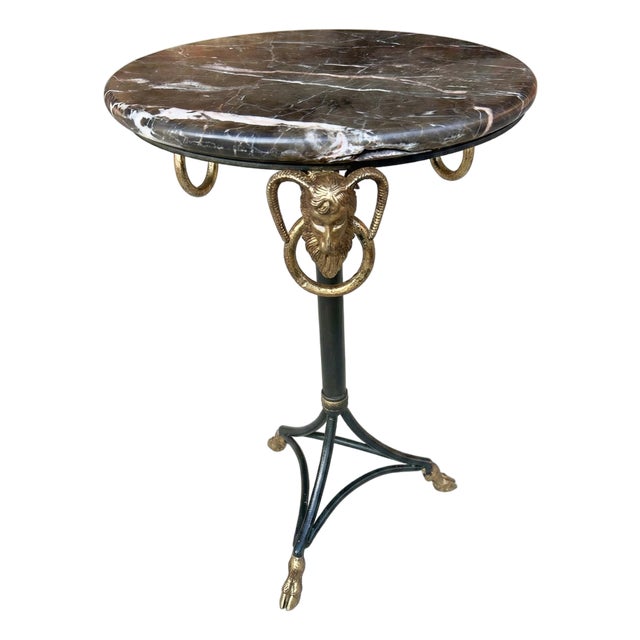 Vintage Neoclassical Marble Top Ram's Head Tripod Table by Turtle and Crane - Hollywood Regency Style For Sale