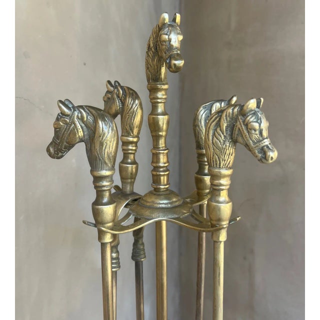 Brass French Brass Horse Head Fireplace Tool Set For Sale - Image 8 of 12