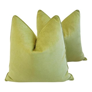 Custom Tailored Apple Green Velvet Feather/Down Pillows - A Pair For Sale