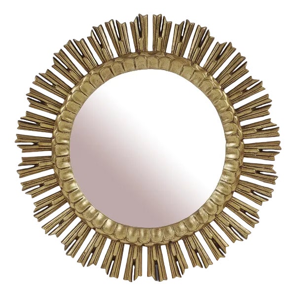 Mid-Century Golden Sunburst Wood Mirror, 1950s For Sale