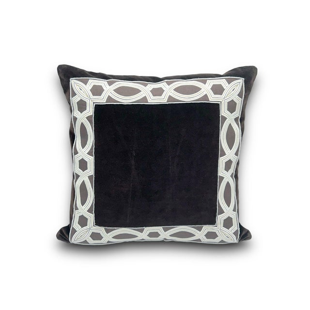 Traditional Chocolate Brown Velvet Decorative Pillow Cover With Ivory Embroidered Border For Sale - Image 3 of 4